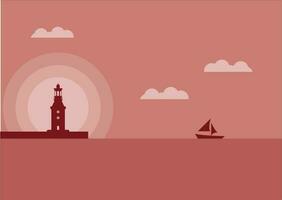 view of the lighthouse on the seashore at night flat design vector illustration