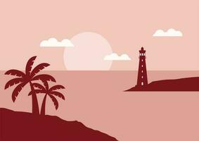 view of the lighthouse on the seashore with sunset or sunrise flat design vector illustration