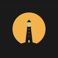 faro en el borde de un acantilado con amanecer o puesta de sol plano diseño vector ilustración