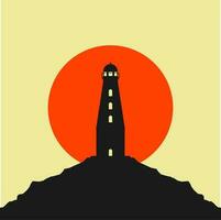 lighthouse on the edge of a cliff with sunrise or sunset flat design vector illustration