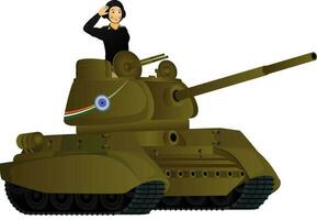 Saluting army officer character on military tank. vector