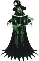 Character of haunted witch holding magic book. vector