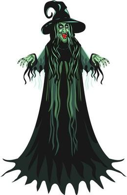 Haunted character of witch wearing hat.