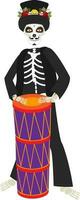 Illustration of skeleton man holding conga drum in standing pose. vector