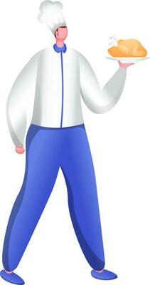 Faceless chef man holding chicken plate in walking pose.