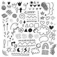 Vector set of different crowns, hearts, stars, arrows, bubble, crown, signs and symbols. Hand drawn. Doodle elements isolated on white background.