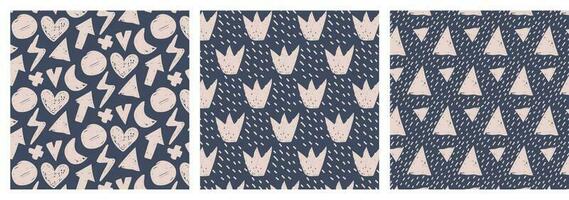 Set of textured patterns with different white shapes and dots. Pattern with doodle triangles and circles and crowns on black background. vector