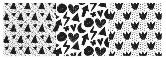 Set of black patterns with different shapes and dots. Pattern with doodle texture triangles and circles. vector