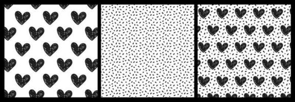 Set of patterns with textured black hearts and dots. Pattern with strokes. vector