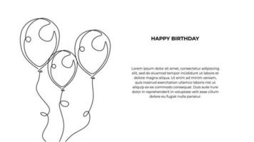 Birthday balloons flying one line drawing, continuous hand drawn art. vector