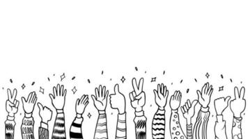 hand drawing of hands up, clapping applause, thumbs up and peace vector