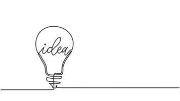 Idea one line drawing, continuous hand drawn light bulb with idea text vector