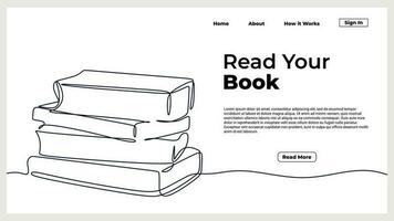 Stack of books continuous line drawing. Landing page of education vector