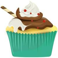 Green cup cake decorated with red berries and chocolate roll stick. vector