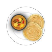 Top view of roti canai with curry sauce. vector