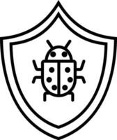 Bug on shield in black line art for security hacking concept. vector