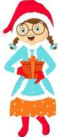 Happy girl character holding gift box. vector