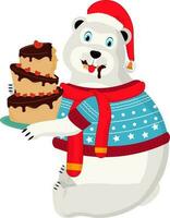 Character of polar bear holding cake on white background. vector