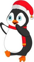 Cartoon character of penguin wearing santa hat. vector