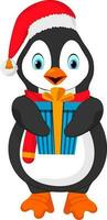 Vector illustration of cute penguin character holding gift box.