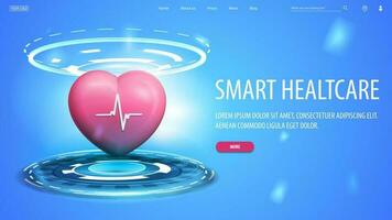 Online medicine, blue web banner with interface elements and 3d heart in hologram of digital podium vector