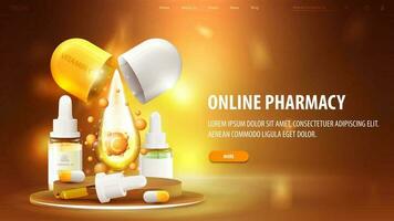 Online pharmacy, orange banner with gold podium with medicines and vitamins on dark and gold background vector