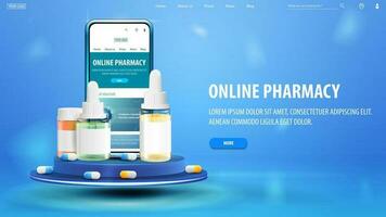 Online pharmacy, blue web banner with interface elements and smartphone with medications on podium vector