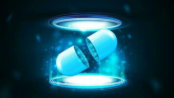 Realistic transparent neon pill in abstract futuristic blue portal made of digital rings in dark empty scene vector