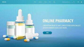 Online pharmacy, banner for website with medications and interface elements vector