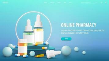 en línea farmacia, azul bandera para sitio web con podio, medicamentos y neón anillo en antecedentes vector