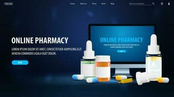 Online pharmacy, blue banner for website with monitor and medicine elements vector