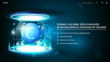 vitamina C, azul información póster con resumen medicina neón cápsula dentro azul portal hecho de digital anillos en oscuro vacío escena y lista de beneficios para salud vector