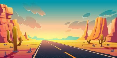 Sunset in desert with road, cactuses and rocks vector