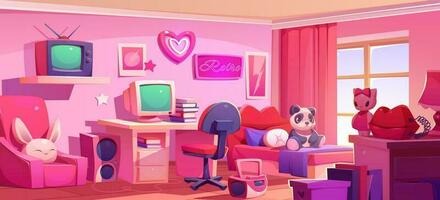 Y2k teenage girl pink bedroom cartoon interior vector