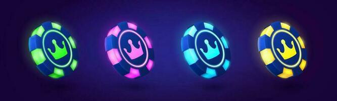 Neon poker game chips with crown light vector