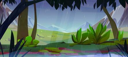 Mountain valley with trees and rocks in rain vector