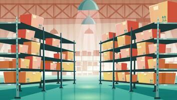 Warehouse interior with cardboard boxes on racks vector