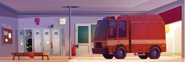 Fire station garage with red truck illustration vector