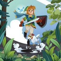 Journey of an Elf Boy Into The Forest With A Chicken vector