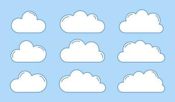 Collection of abstract cartoon white clouds in flat style isolated on blue background. vector
