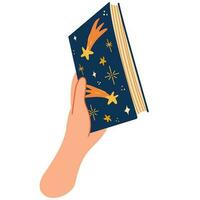 Human hands hold closed book.with stars..Read books lover. Education, literacy, book day. Relaxing time to reading. vector