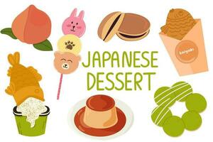 Set with japanese desserts. Japanese street food dessert.Taiyaki,mochi,dango,nerikiri,purin. vector