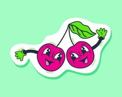 Cherry sticker. Retro cartoon vector illustration of two smiling cherries on a branch.