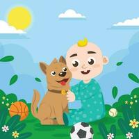 Little Boy Hugging His Dog In The Garden vector