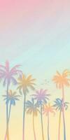 Colorful palm trees with surrealistic sky background vertical vector illustration. Summer traveling and party at the beach paetel colors concept flat design with blank space.