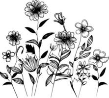 negro siluetas de césped, flores, y hierbas. linda flor vector ilustración en mano dibujado estilo. silueta en blanco fondo, flor planeta dibujo, estético flor colorante paginas
