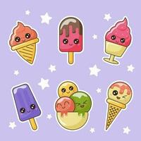 Funny ice cream sticker pack, cute cartoon characters for summer vector