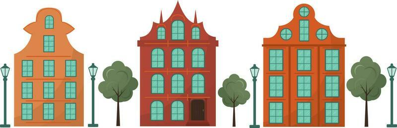 Clipart with beautiful houses and lanterns. High quality vector illustration.