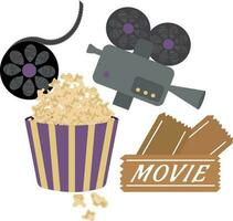 Movie. Popcorn, tickets, camera. High quality vector illustration.