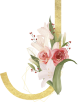 alfabeto y números oro acuarela, Boda flor letra png